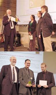 B. Rehling berreicht als Mitglied des fachlichen Beirats den BIENE-Award an Stephan Rothe und Thomas Worseck. (In der Mitte VIVA-Moderatorin Milka), Michel Laubacher und Stanko Pavlica prsentieren stolz ihren BIENE-Award, den sie in die Schweiz 