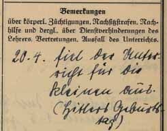 Aus dem Klassenbuch einer 3. Gehrlosenklasse aus dem Schuljahr 1937/38: 